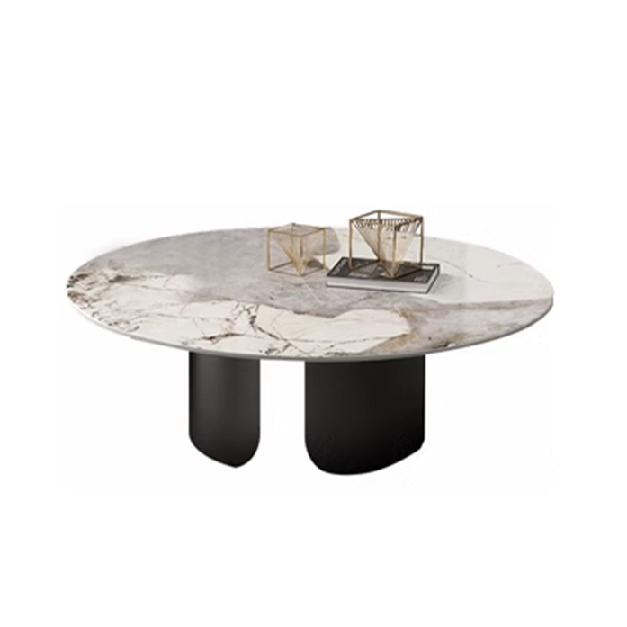 Chic Modern Round Beige Stone Top Coffee Table with Industrial Iron Base