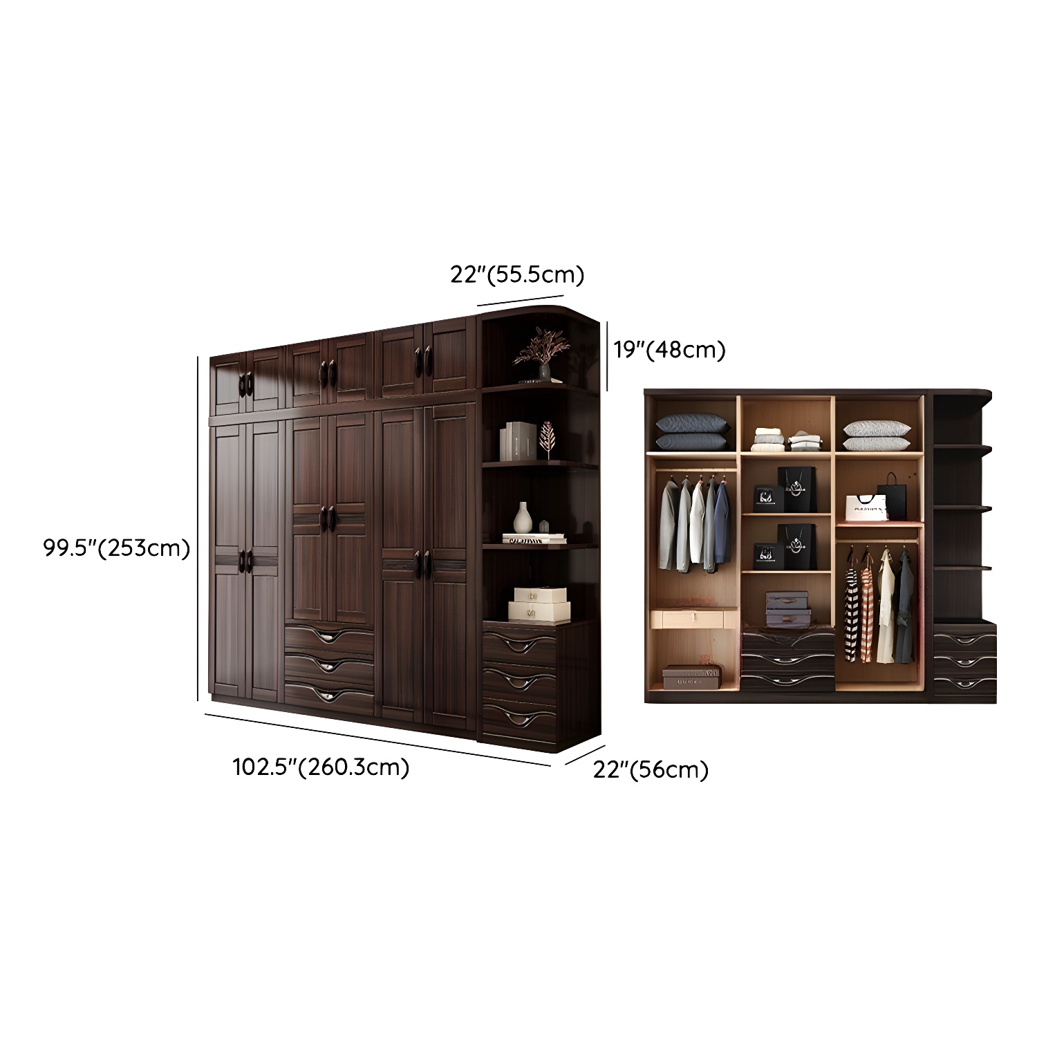 Traditional Black-brown Storage Wood Wardrobe with Clothing Rod and Shelves - image 24