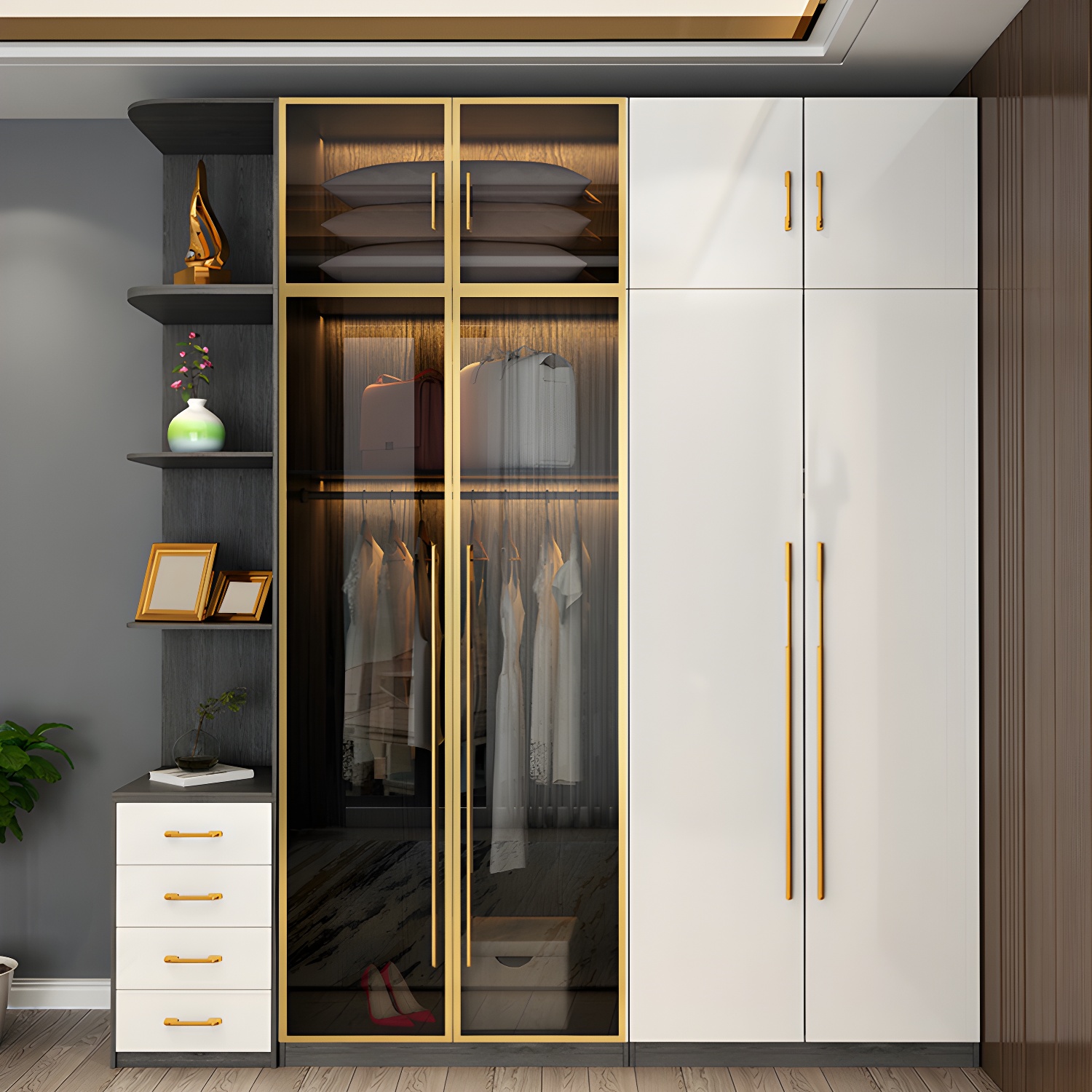 Modern Tempered Glass Doors Wardrobe Wood Frame Wardrobe without Light - image 10