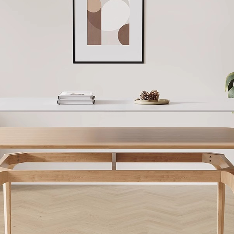 Dining Table Set with Slate Stone Fixed Table, Padded Chair Back for 6 People in White