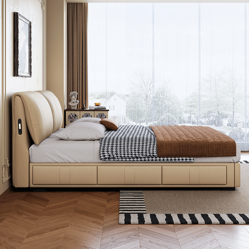 Beige Solid Color Storage Bed with 3 Storage Boxes, Sponge Upholstery, and Illumination Light
