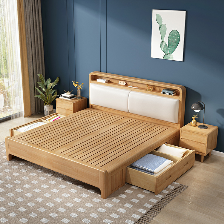 Scandinavian Solid Wood Bed with Four Legs and Upholstered Headboard - image 2