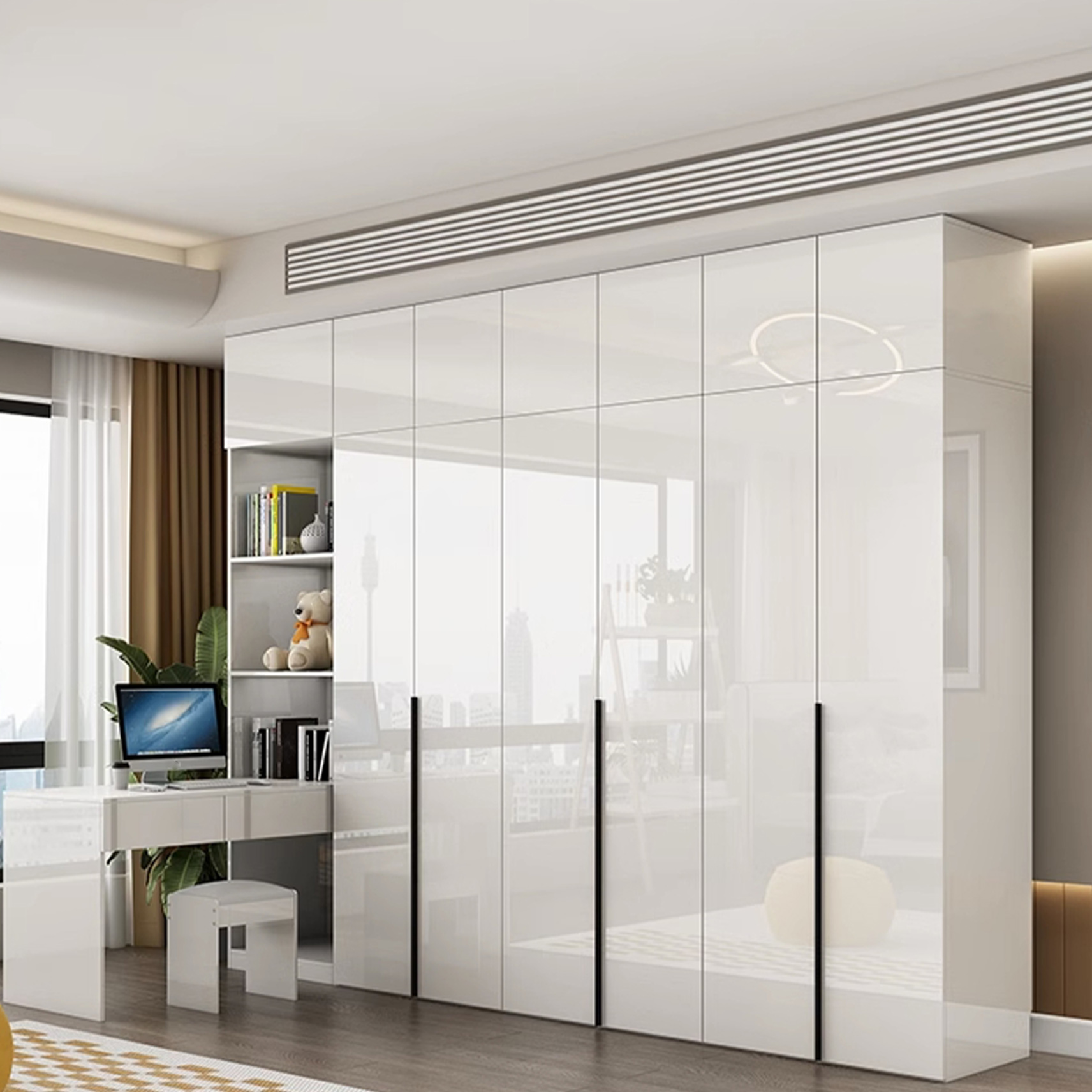 Modern white wood wardrobe armoire with hinged doors, clothing rod & shelves