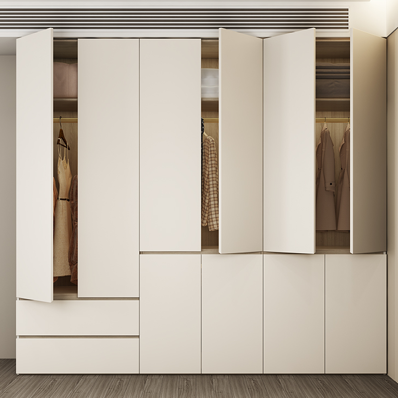 White Minimalist Manufactured Wood Wardrobe Closet with 2 Drawers, Soft Close Door, Interior Shelves, and Clothing Rod
