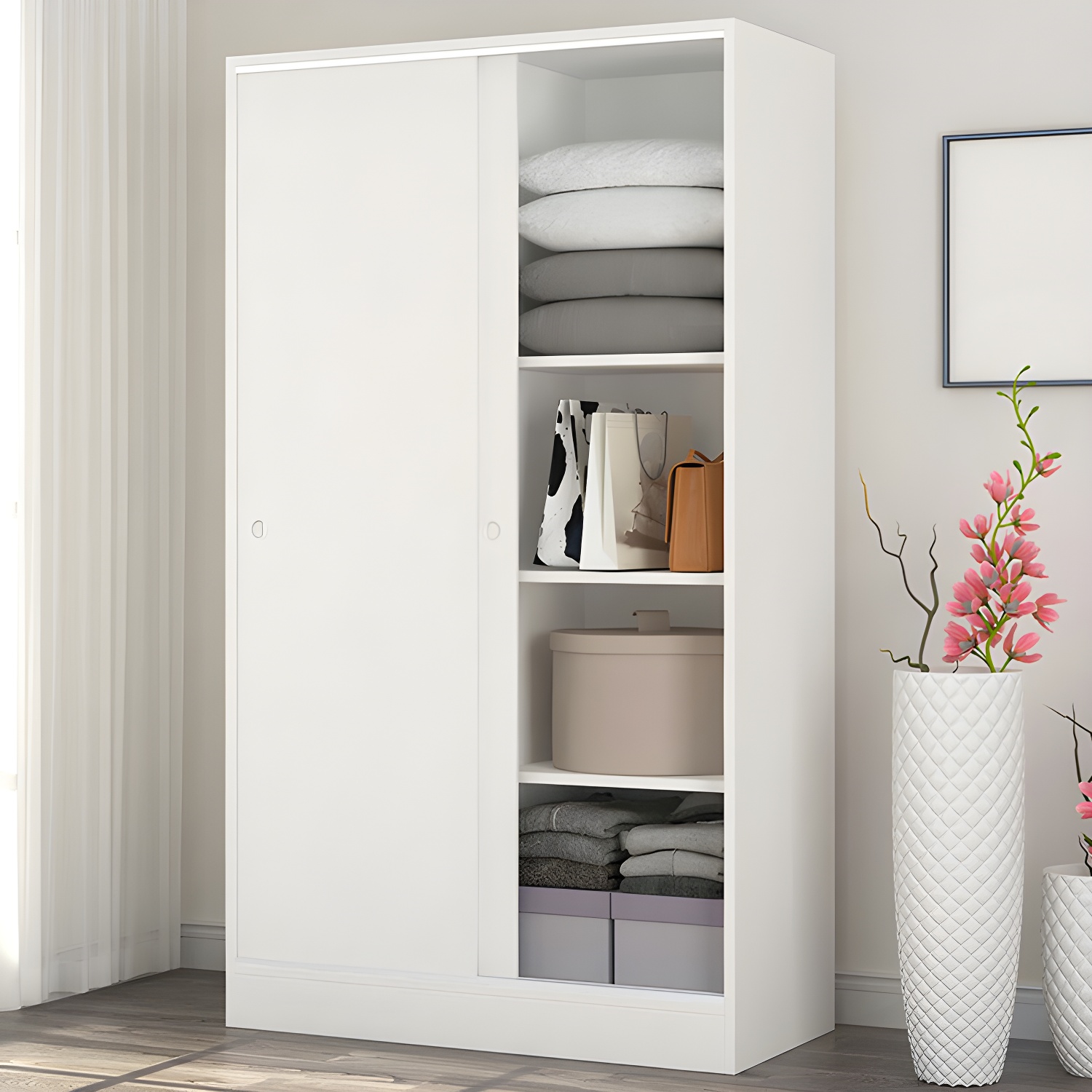 White Wood Double Door Industrial Wardrobe 5 Shelves Cabinet