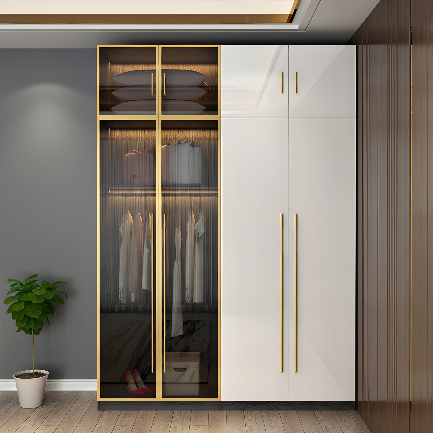 Modern Tempered Glass Doors Wardrobe Wood Frame Wardrobe without Light - image 3
