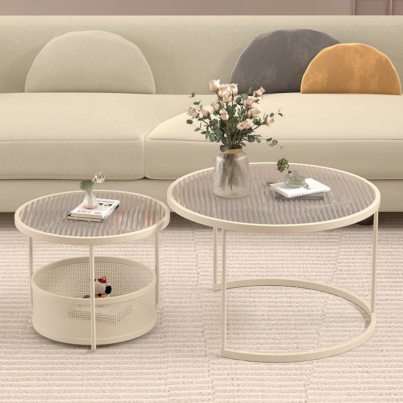 Tan/Transparent Glass Top Nested Accent Table with Frame Base and Stockroom Storage