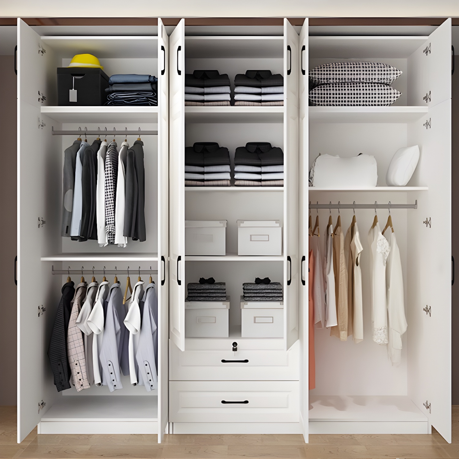 White Wood Wardrobe Armoire with Drawers, Shelves, and Clothing Rod