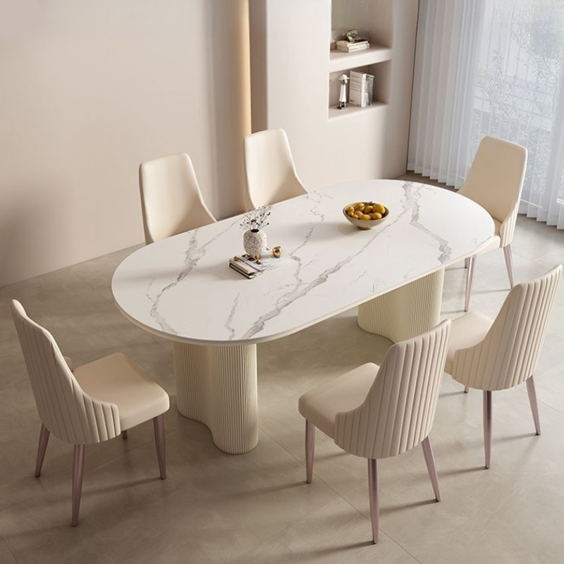 Modern Simple Style Oval Slate Dining Table Set with Dual Footing, Solid Back Panel in Chalk Color - image 10