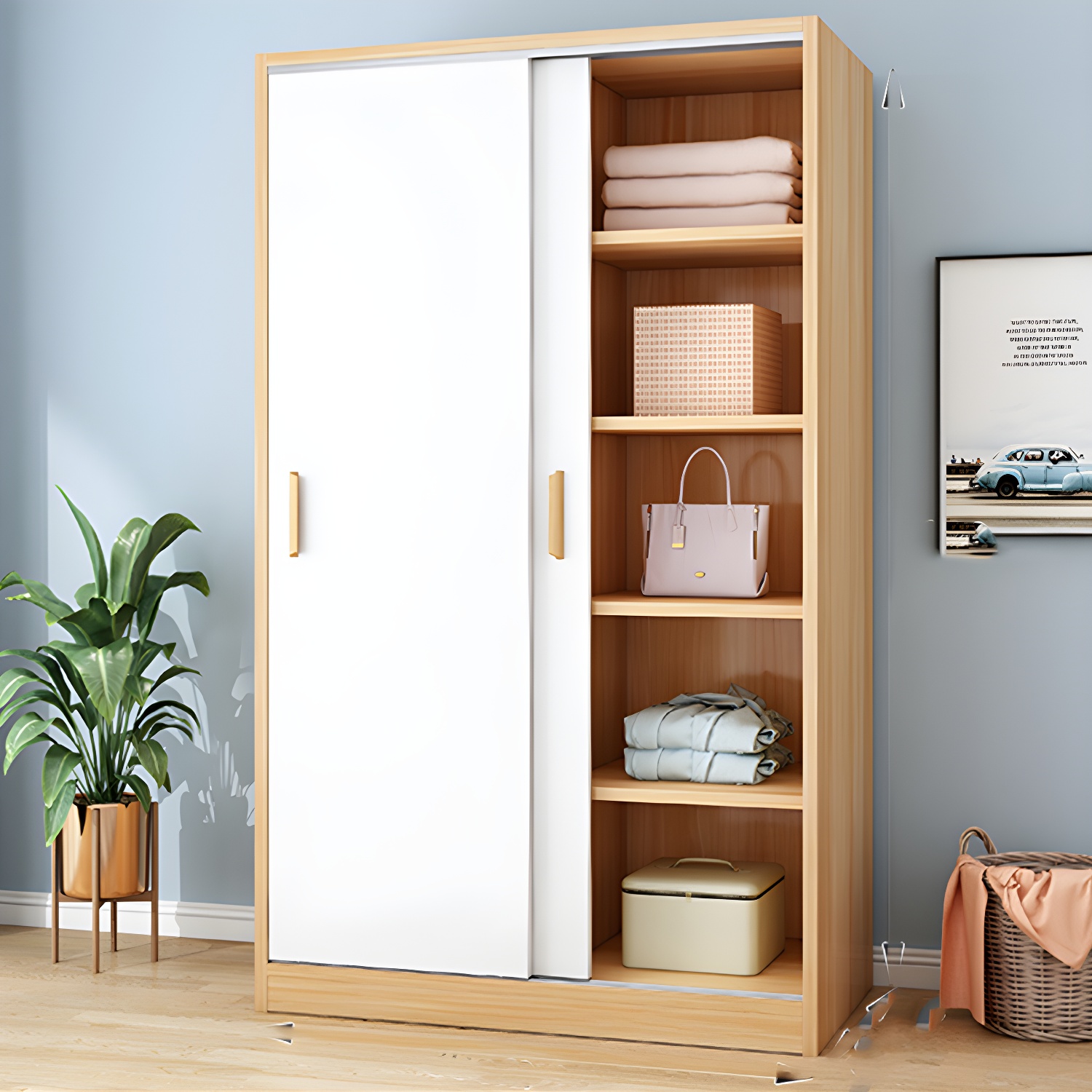 Modern Sliding Doors Wardrobe Wood Frame Freestanding Wardrobe Armoire - image 4