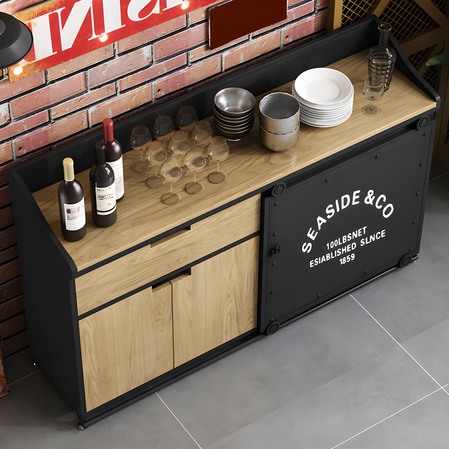 Modern Metal Sideboard with Wood Countertop, Cabinets, and Drawers - image 15