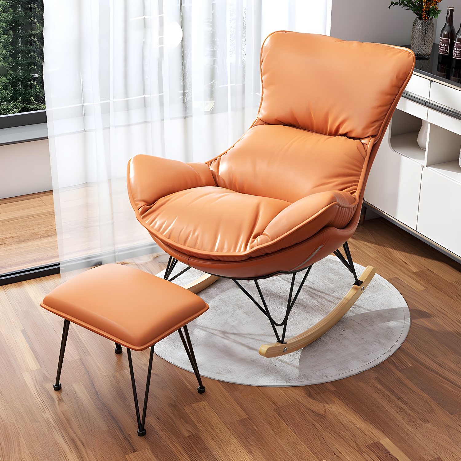 Wing Back Rocking Chair Solid Wood Rocker Chair with Ottoman - image 8