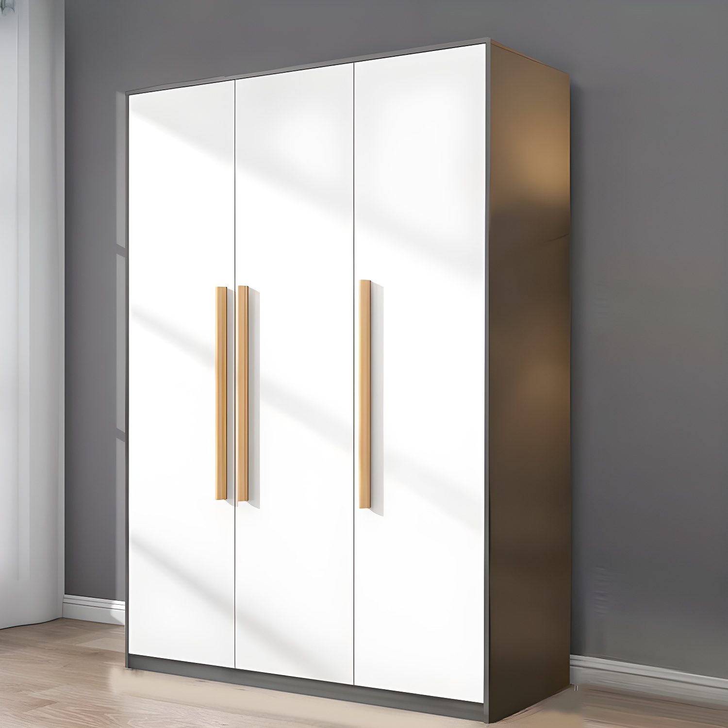 Scandinavian Wood Handle Storage Wardrobe with Metal Clothing Rod and Shelves