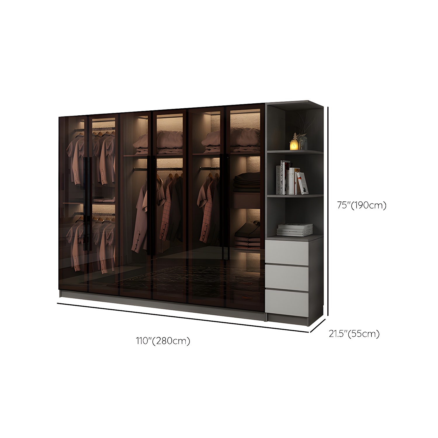 Modern Glass Hinged Doors Wardrobe Armoire Wood Frame Wardrobe with Shelves without Light - image 22