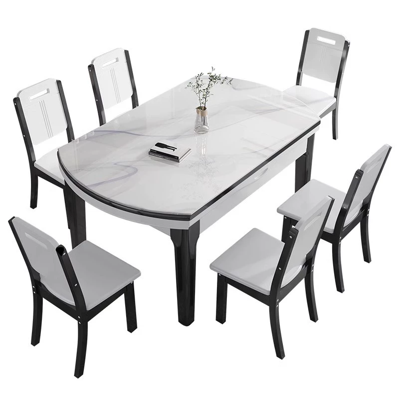 Stone Top Extendable Dining Set with Wood Legs Chairs for Home