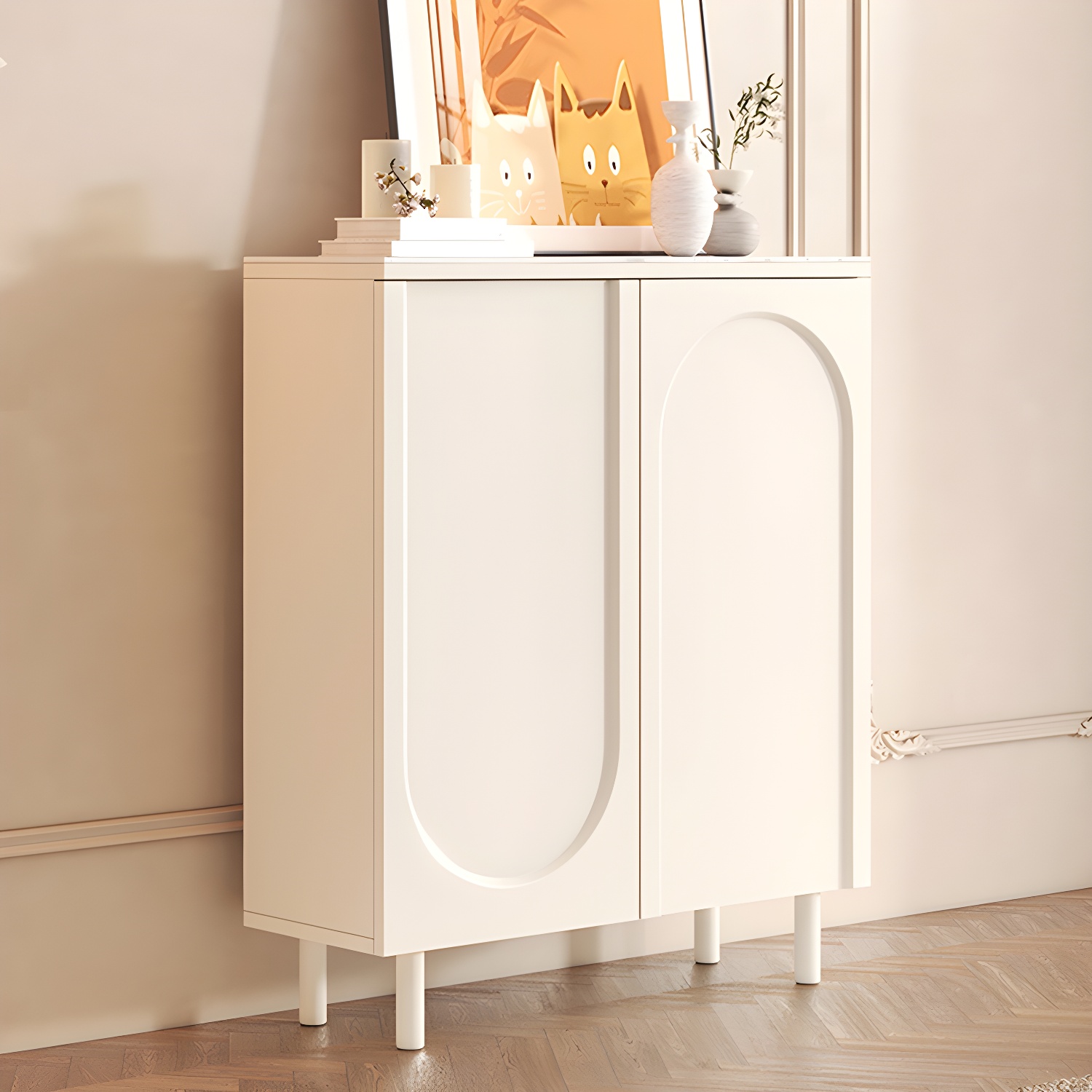 Scandinavian Wood Buffet Sideboard Cabinet with Stone Countertop Shelves Included - image 3