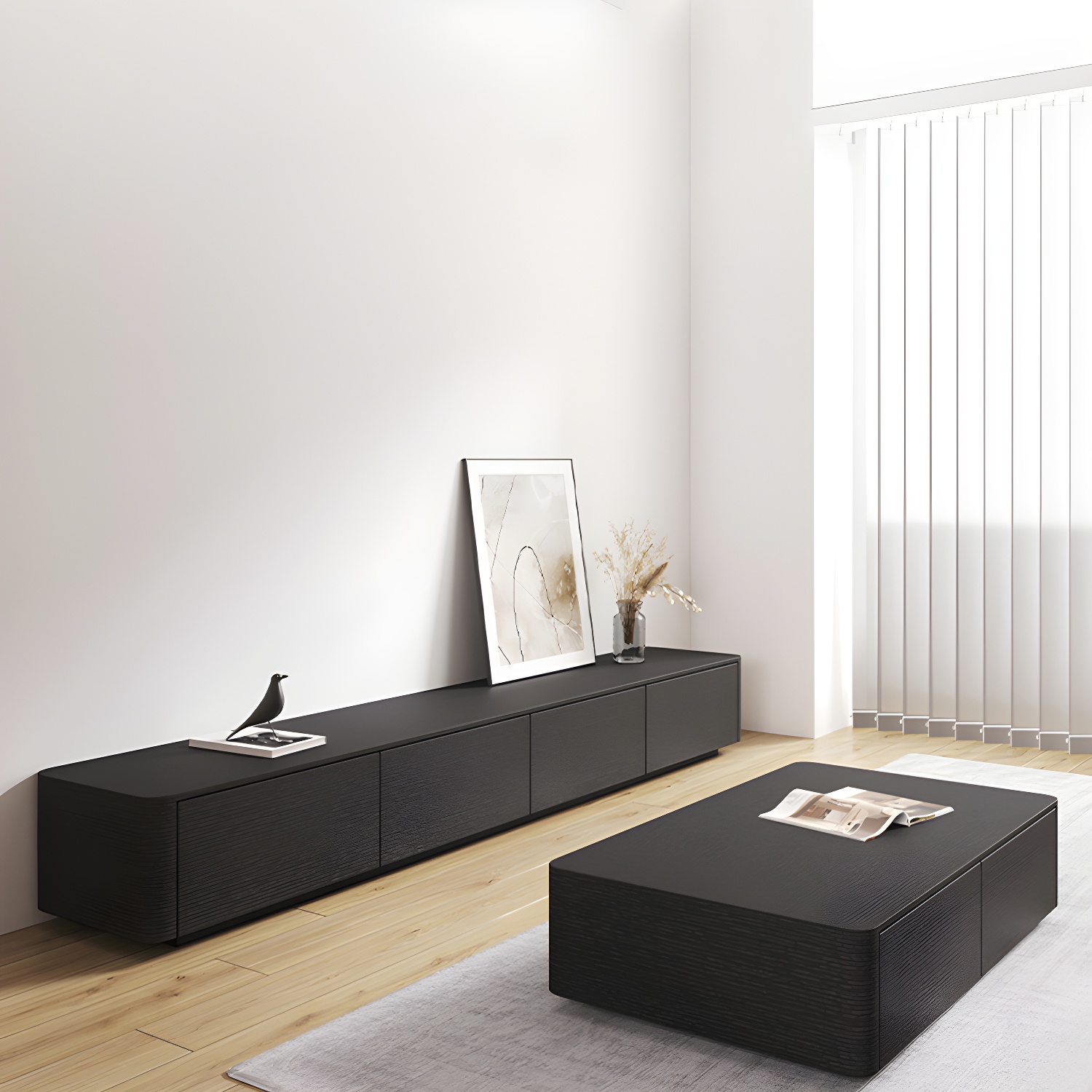 Modern Black TV Console Engineered Wood Cable Management Media Console