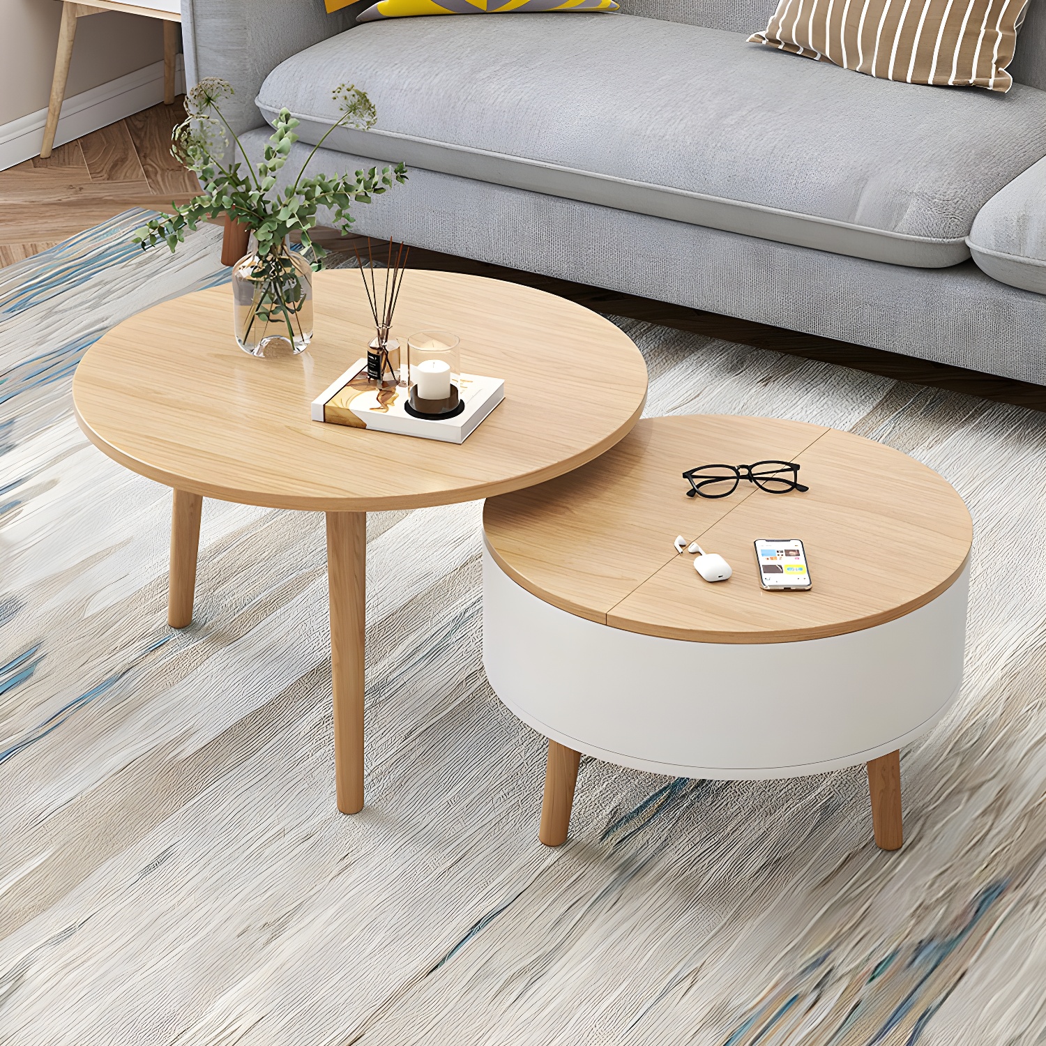 Round Solid Wood 3 Legs Coffee Table with Storage Drawers Modern Cocktail Table - image 7