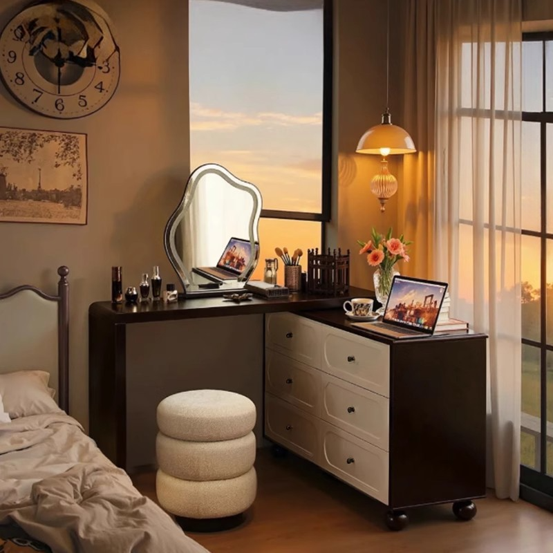 Modish Large/Standard Vanity Set with Natural Wood Table Top, White Seating, 3 Drawers, Light Up Mirror, and Chair