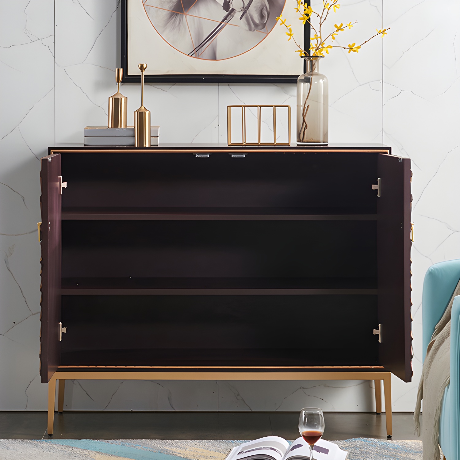 Gold Legs 35.4" High Sideboard Cabinet Glam Style Wood Buffet Table - image 10