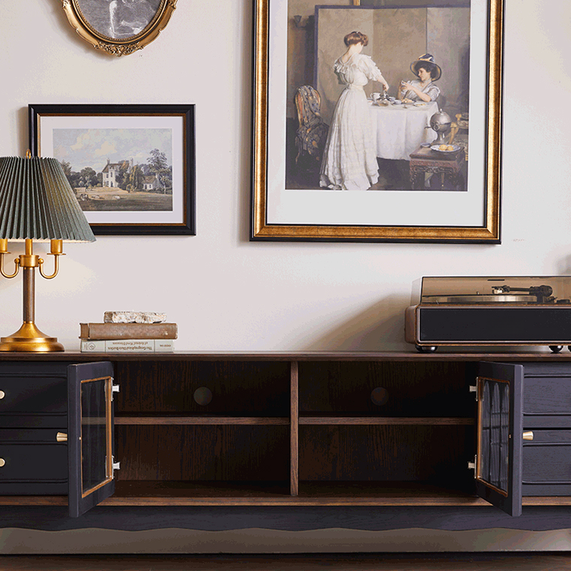 Pecan Art Deco Natural Wood TV Stand with 4 Drawers, Locker, Cable Management, and Adjustable Shelving - image 5