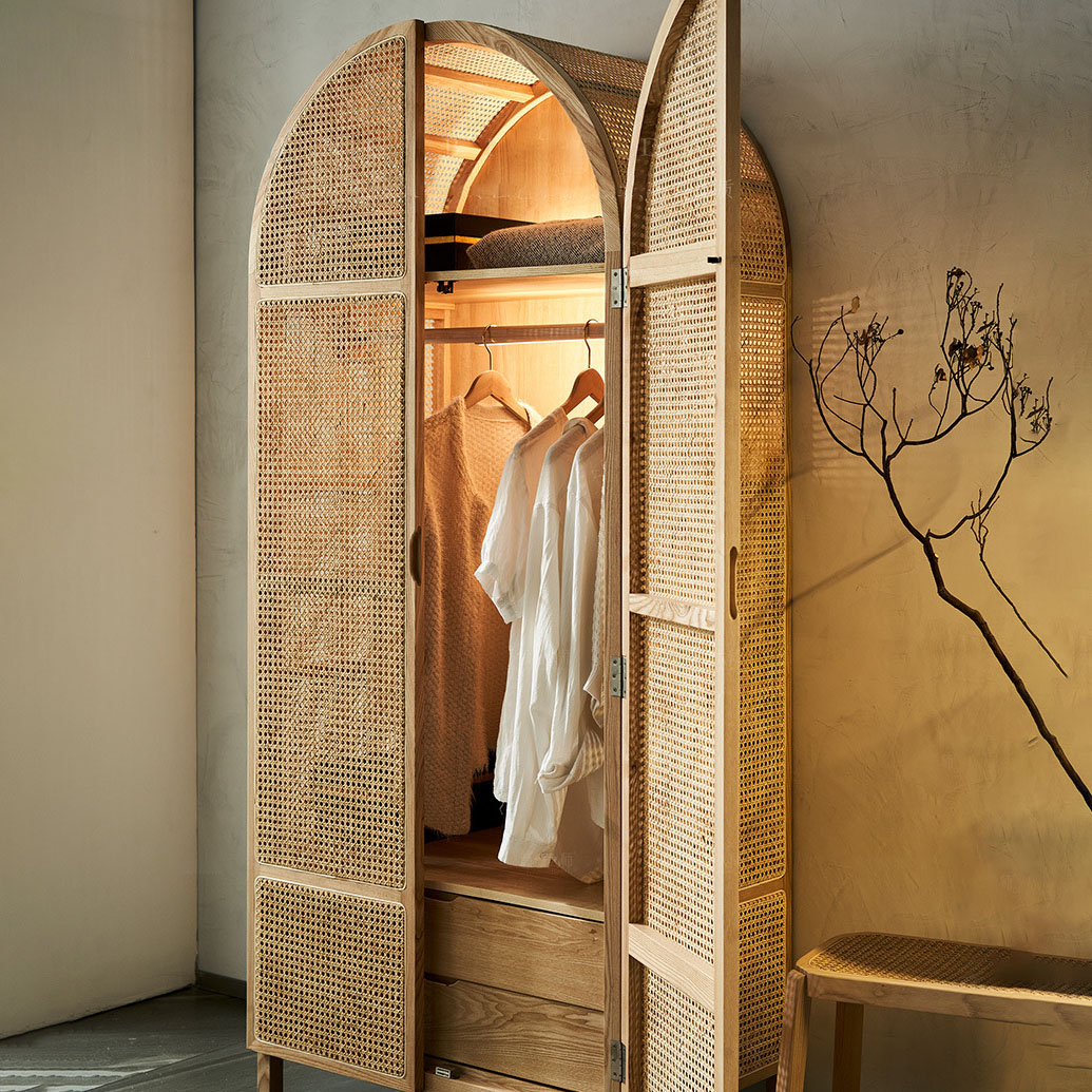 Wood Framed Rattan Arched Armoire Cabinet in a Contemporary Style, 2-Drawer Included/Not Included - image 6