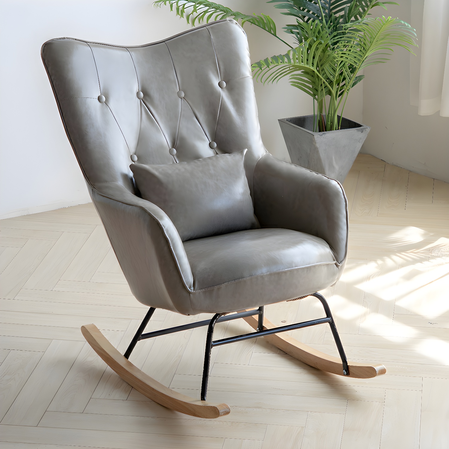 Stylish Modern Upholstered Rocking Chair with Natural Wood Legs and Tufted Back Cushion - image 4