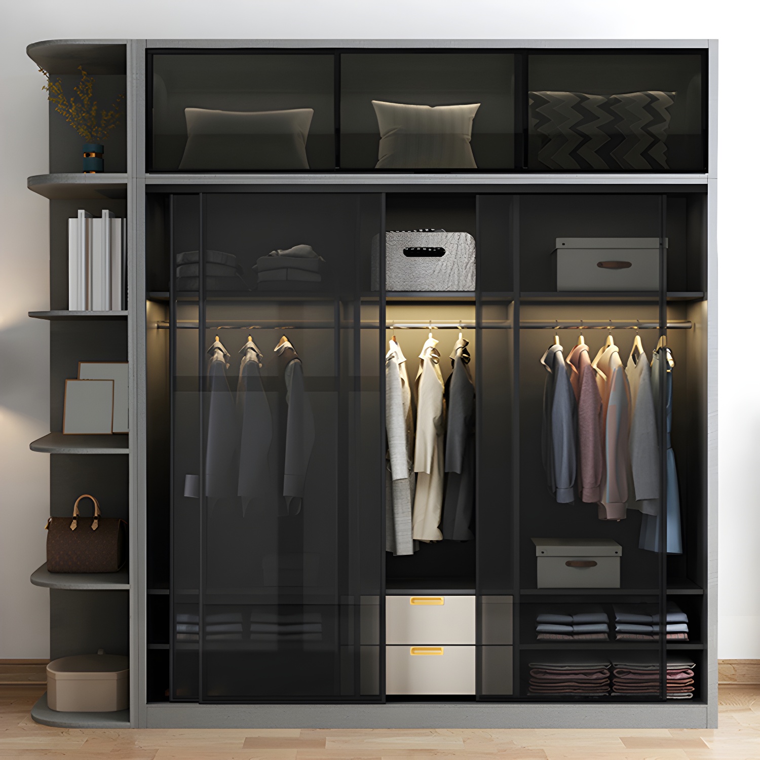 Contemporary Wood and Tempered Glass Wardrobe Freestanding Wardrobe Armoire without Light