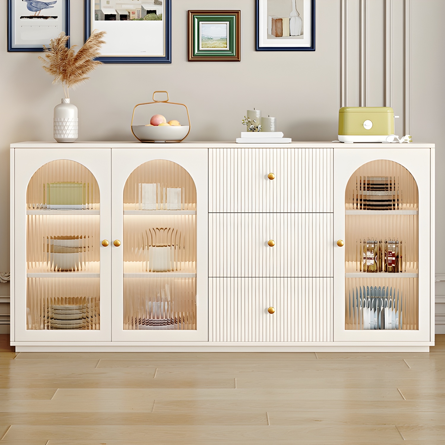 Glam White Wood Sideboard Credenza with Glass Doors and Adjustable Shelves