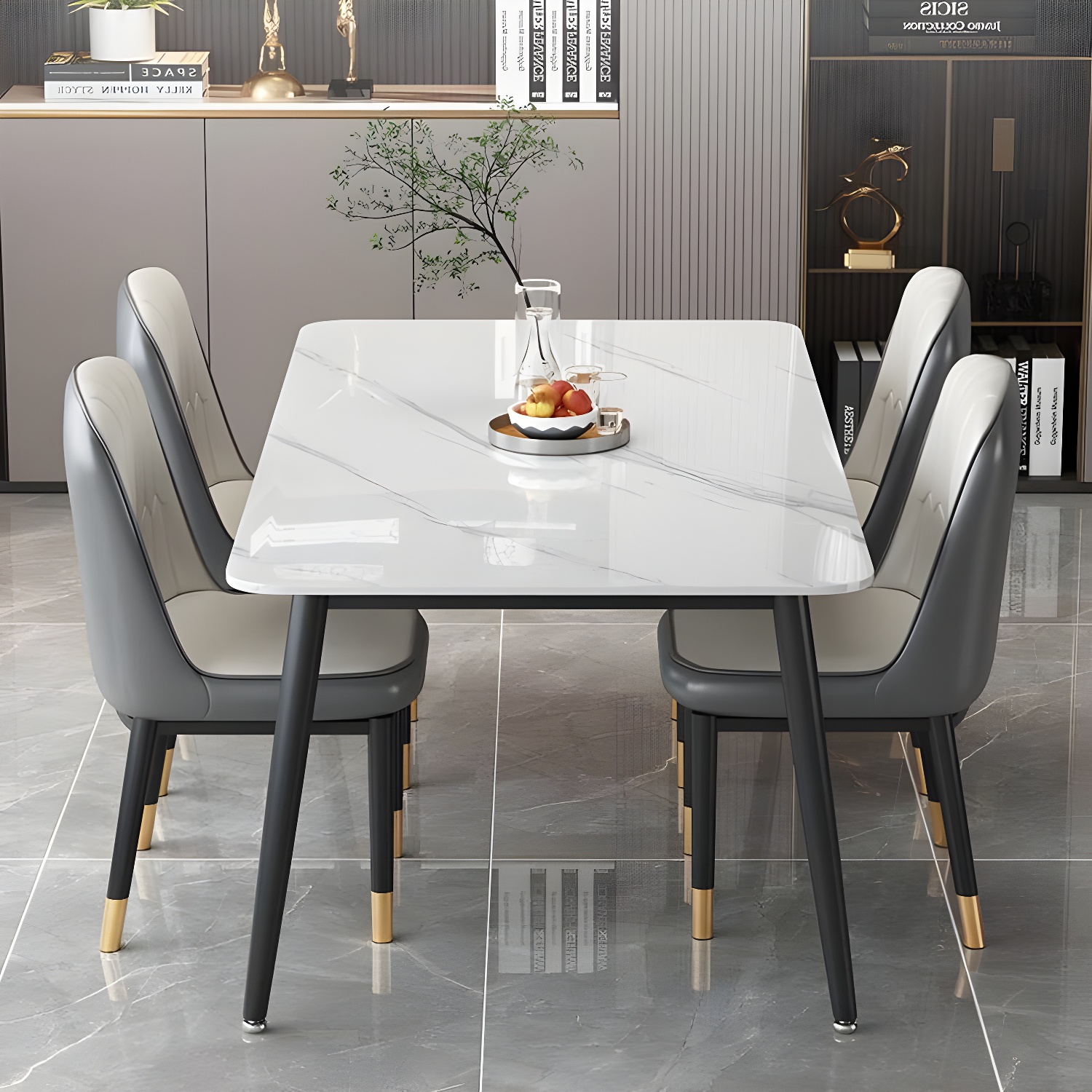 Rectangular White Stone Top Dining Set with Upholstered Chairs
