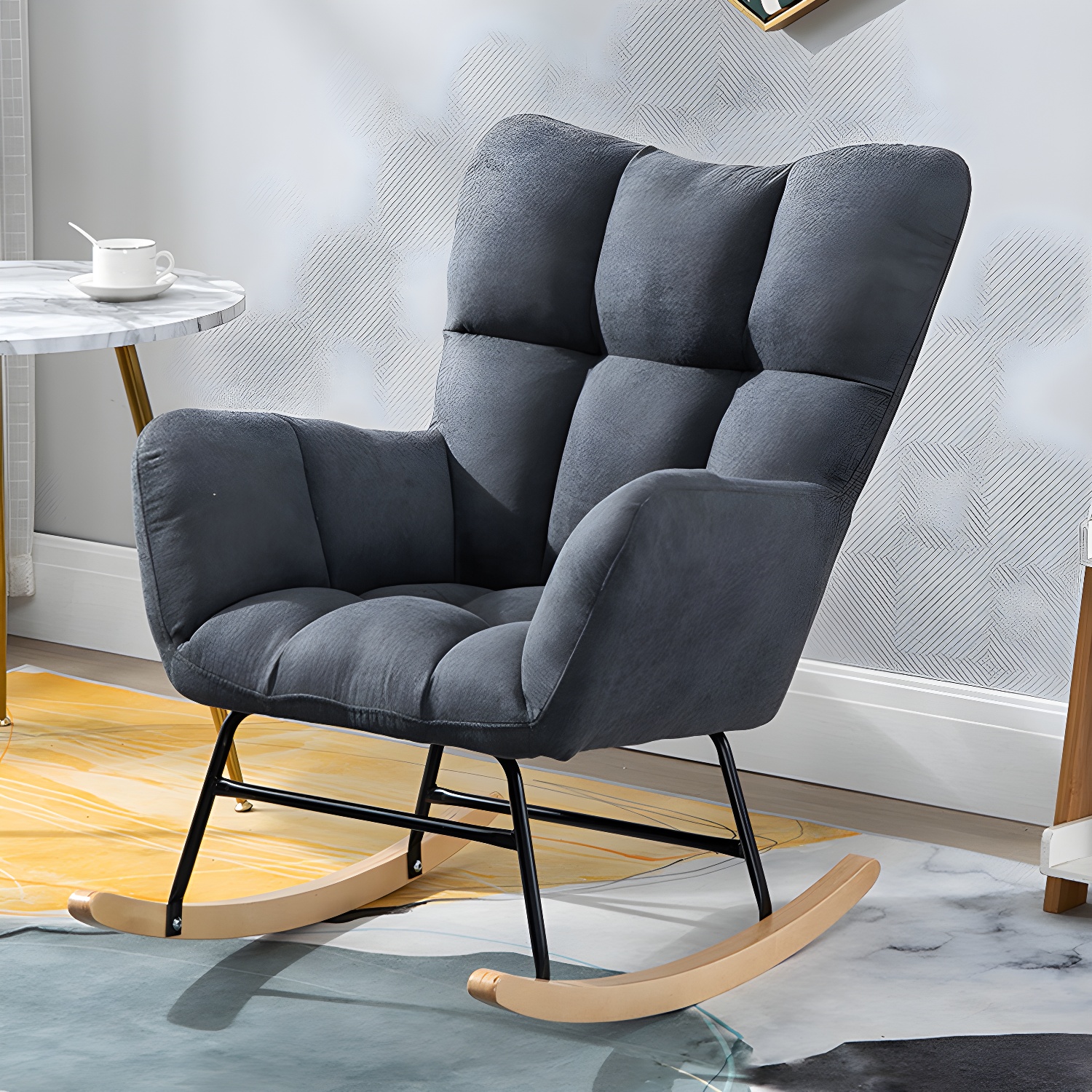 Modern Rocker Chair Upholstered Dark Legs Glider Button-Tufted - image 4