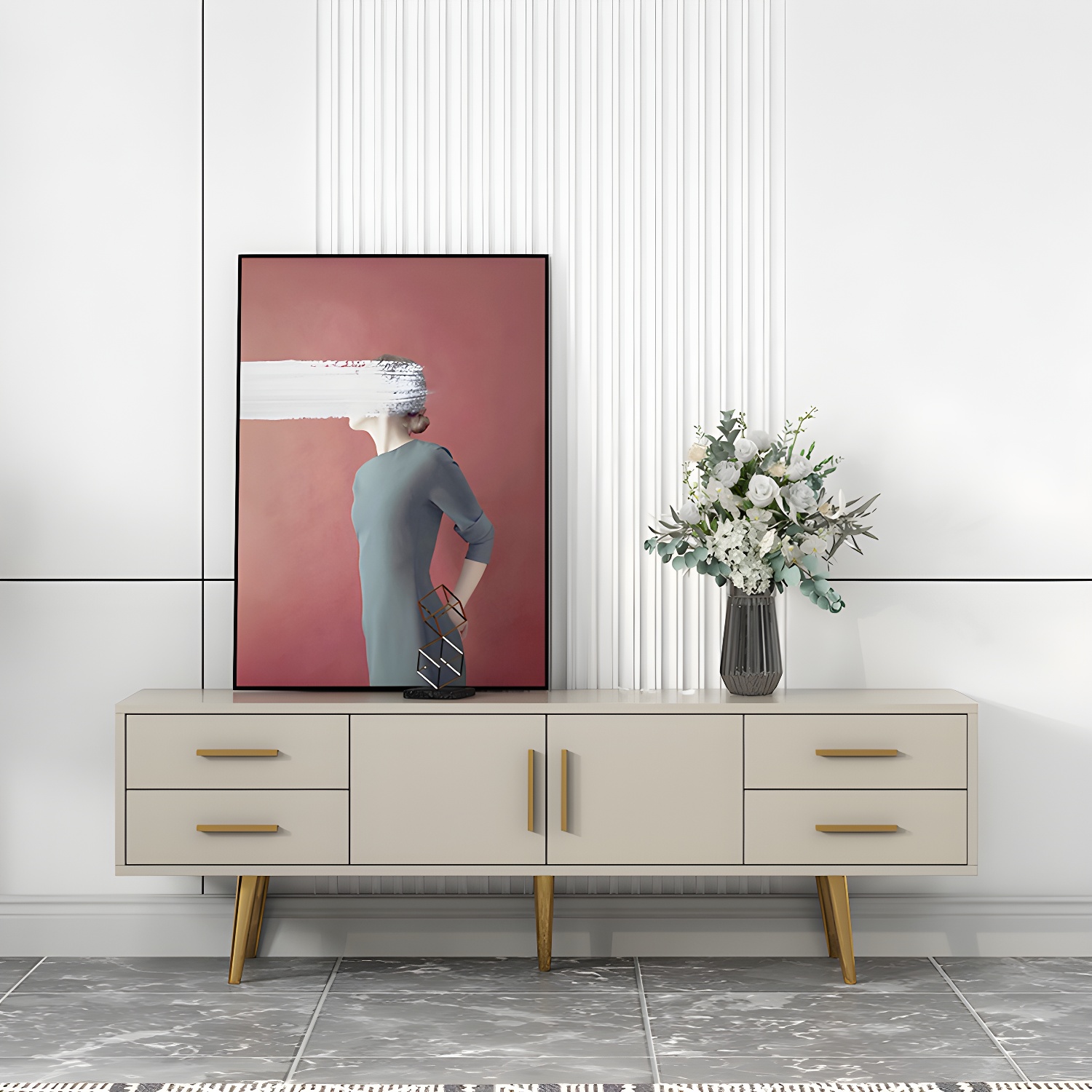 Scandinavian Engineered Wood TV Media Stand Matte Finish Media Console with Drawers - image 2