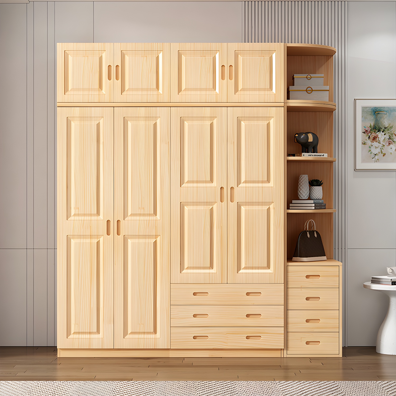 Modern Natural Pine Wardrobe Armoire with Drawers and Clothing Rod - image 3