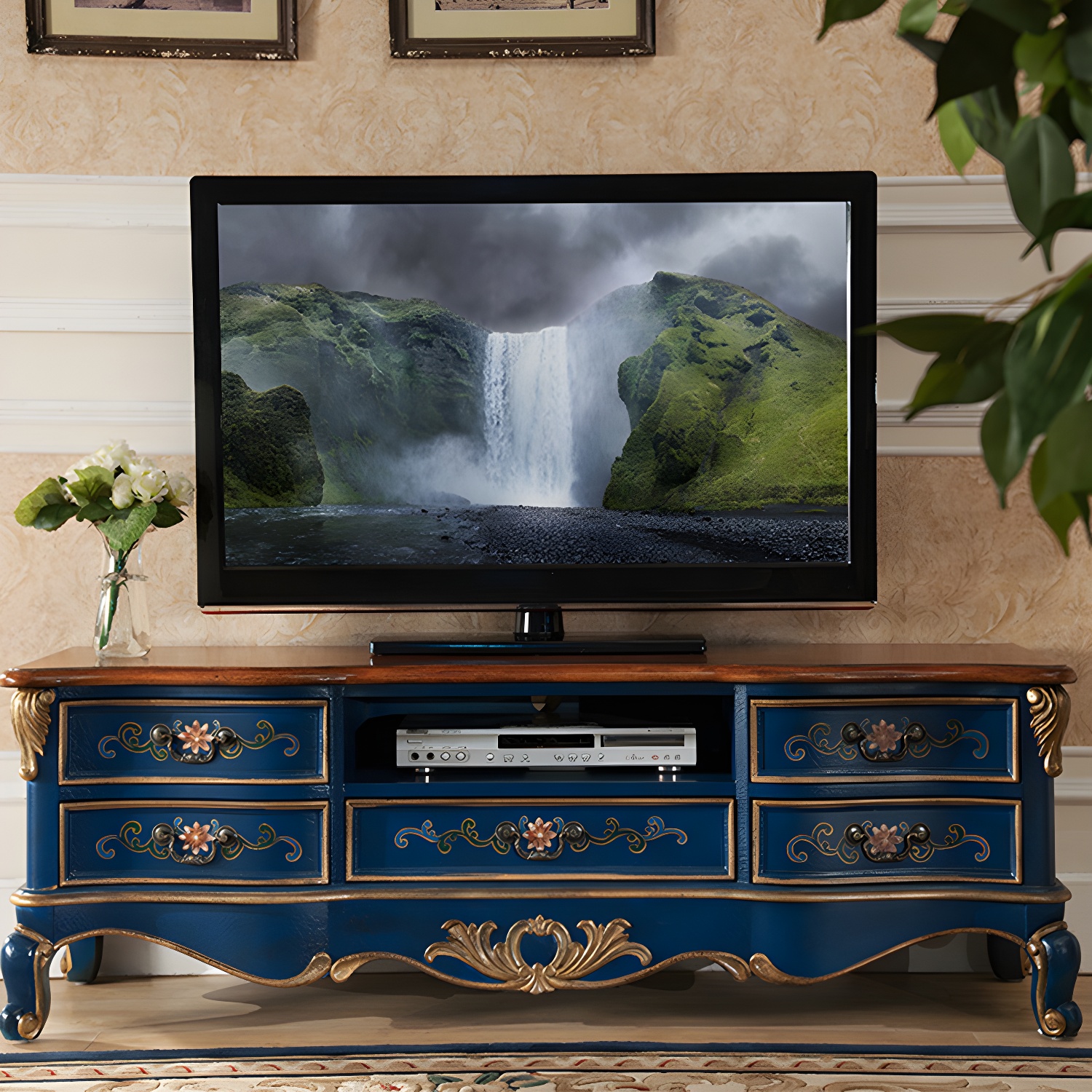 Vintage Birch Wood Media Console Matte Finish TV Media Stand with Drawers and Open Storage