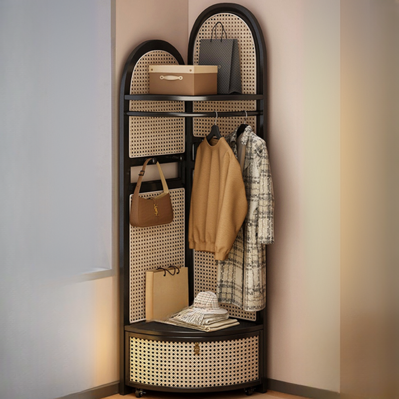 Modern Simple Nook Accent Cabinet with 2 Exterior Shelves, Storage Basket, and Midnight Black/Sepia Top