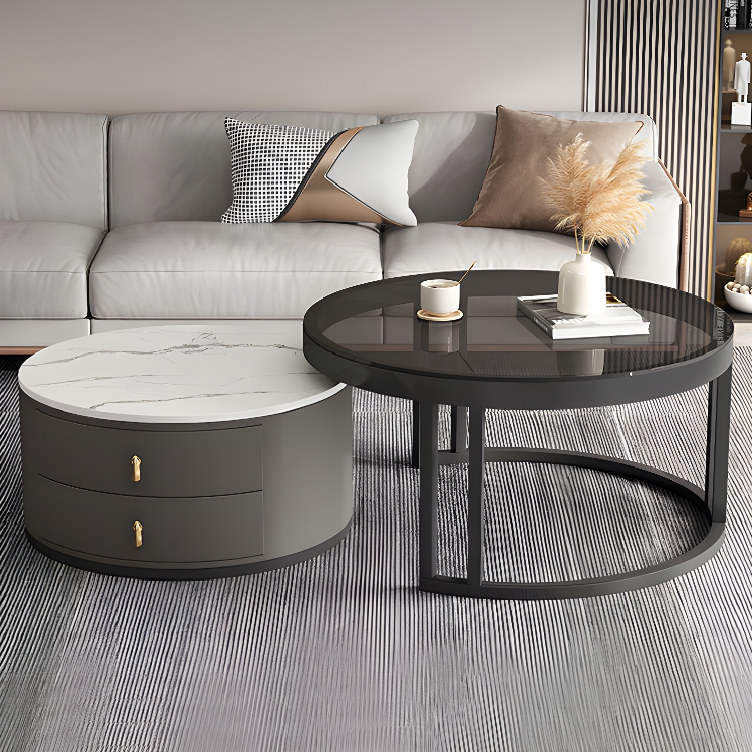 Round Nesting Coffee Table Set Frame Modern Storage Coffee Table - image 14