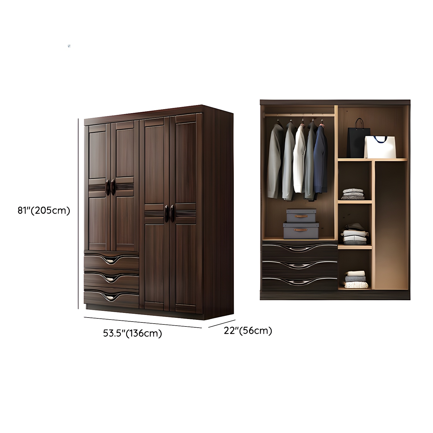 Traditional Black-brown Storage Wood Wardrobe with Clothing Rod and Shelves - image 10