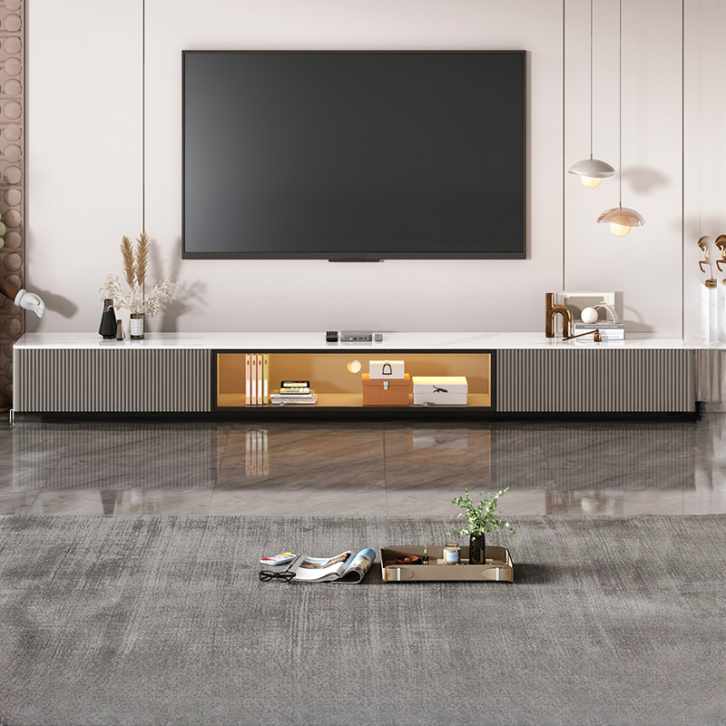 Art Deco Sintered Stone Rectangular TV Stand with 2 Drawers, Hutch, Cable Management, and Light