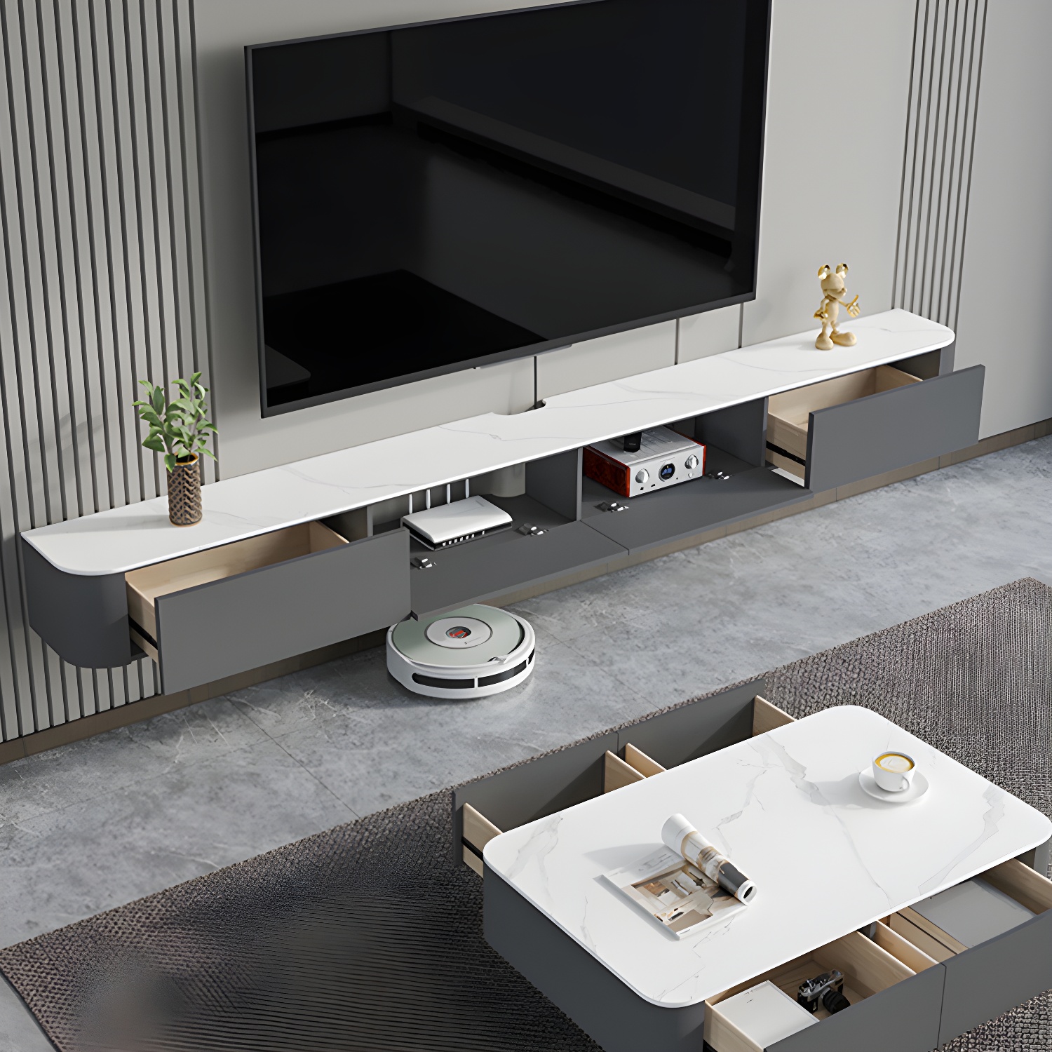 Contemporary Wall-mounted TV Media Stand Wood Frame Slate Top with Storage - image 4