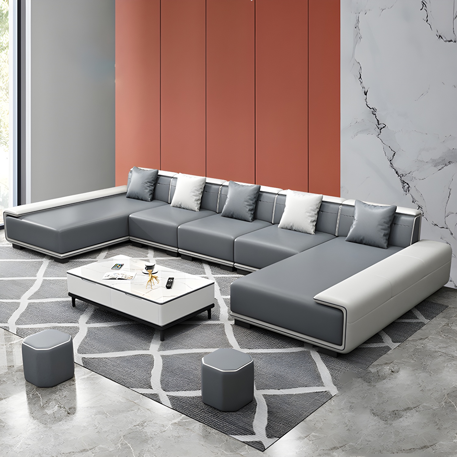 Faux Leather Sofa & Chaise with Pillows Modern U Sofa in Gray - 29.53" H - image 11