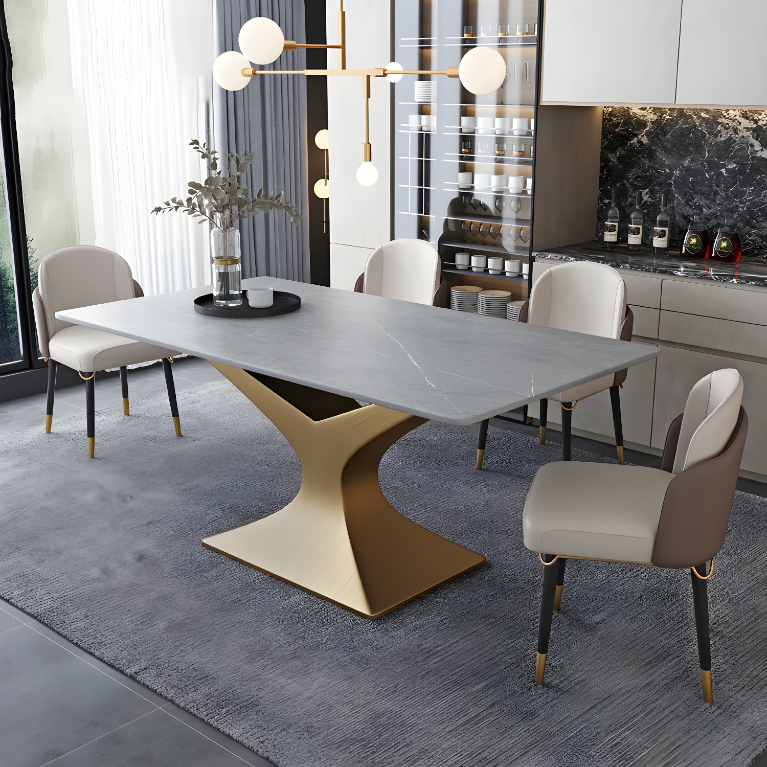 Luxury 1/2/5/ Pieces Dining Set Sintered Stone Dining Table Set with Leather Chairs