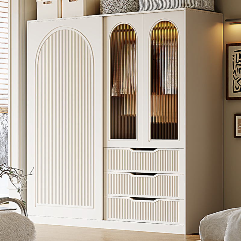 Chalk Composite Wood Cabinet Armoire with Soft Close Drawer, Specular Mirror, Soft Close Door, Interior Shelves, and Clothing Rod