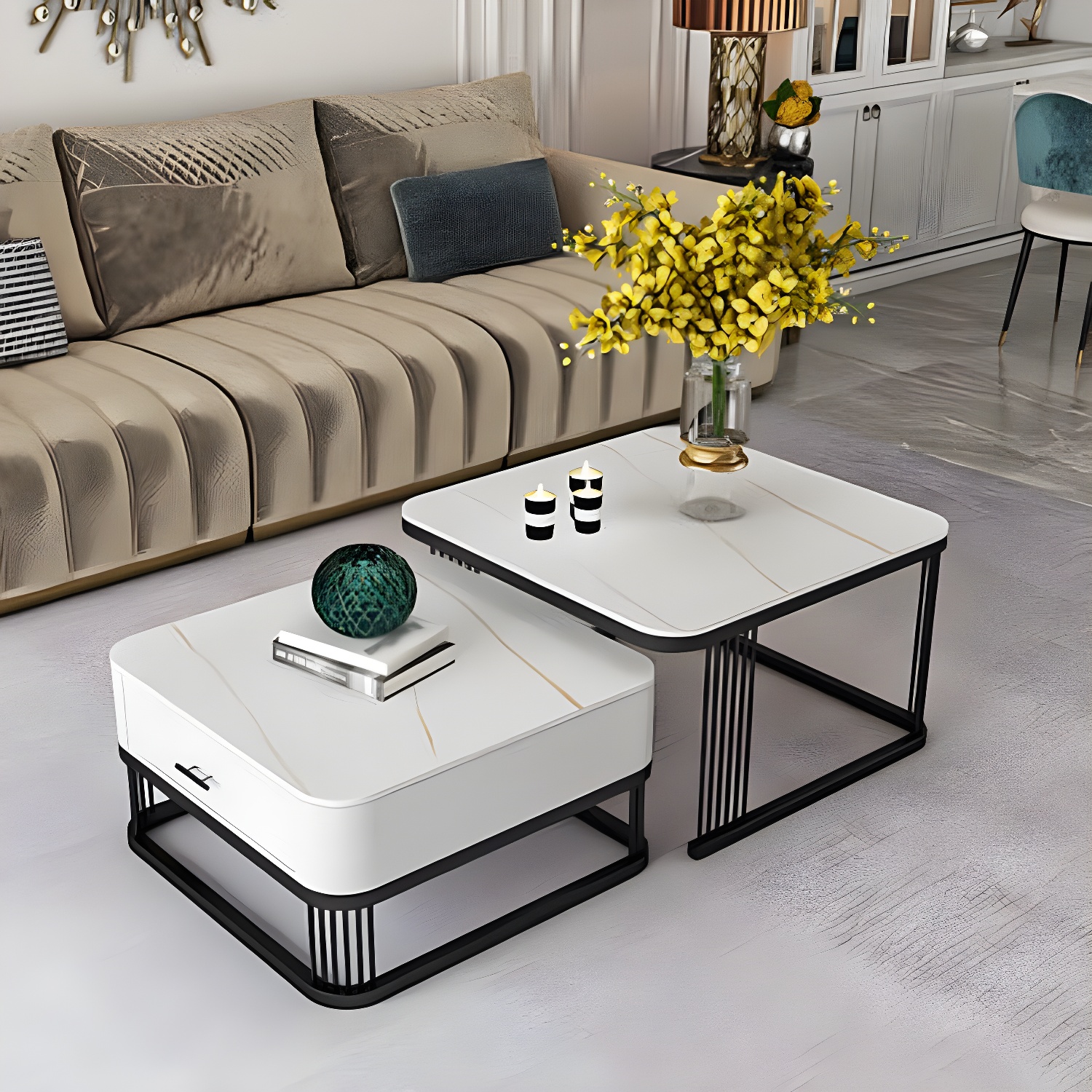 Square Slate Top Coffee Table with Drawers Frame Base 2 Nestling Cocktail Table - image 5