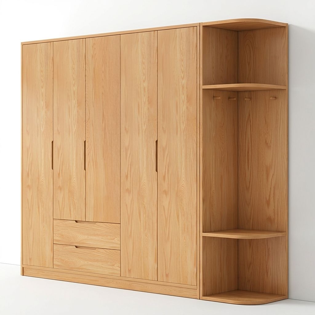 Modern Natural Wood Wardrobe Armoire with Sliding Doors, Drawers, and Shelves - image 86