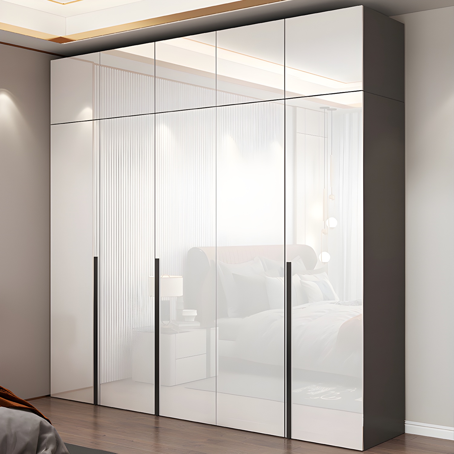 White Mirrored Finish Wardrobe Armoire Engineered Wood Wardrobe Cabinet - image 4