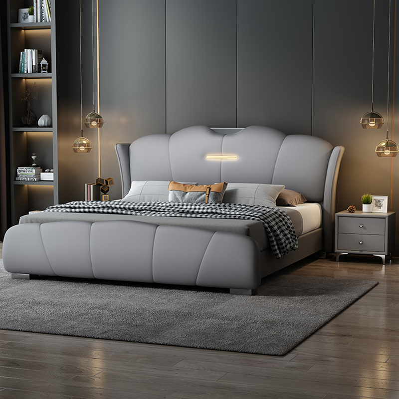 Light Gray Storage Included/Panel Bed with 3 Storage Boxes, Natural Wood Frame, Sponge Upholstery, and Lighted Headboard