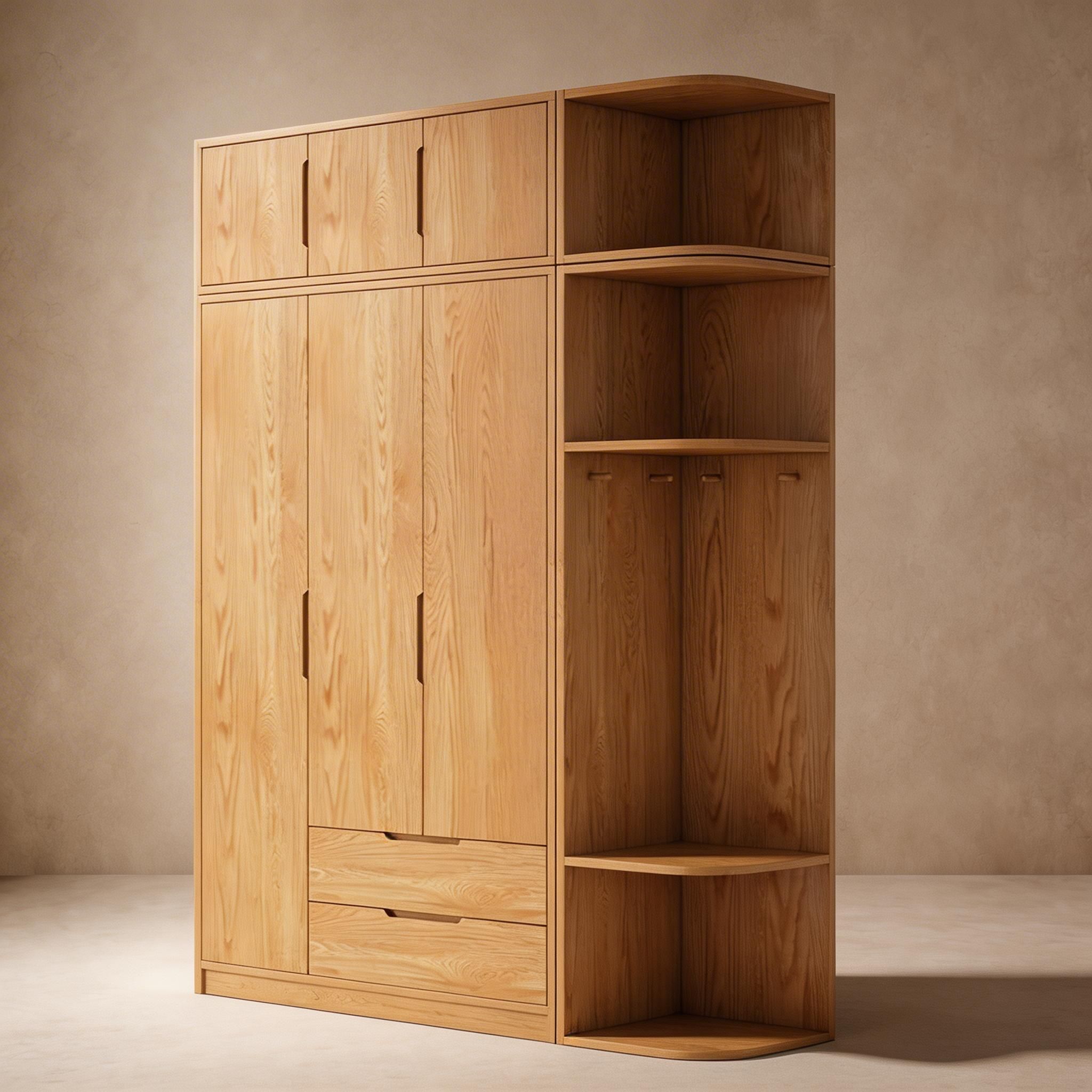 Modern Natural Wood Wardrobe Armoire with Sliding Doors, Drawers, and Shelves - image 93