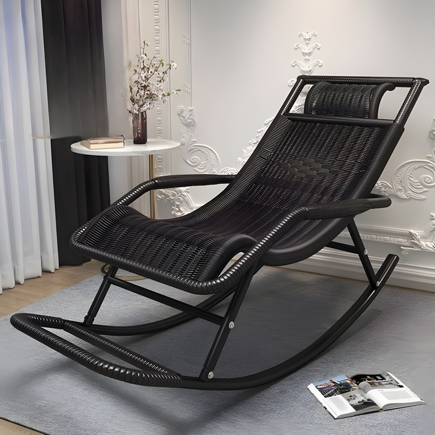 Traditional Black Metal Frame Rocking Chair with Spindle Back and High Weight Capacity - image 6