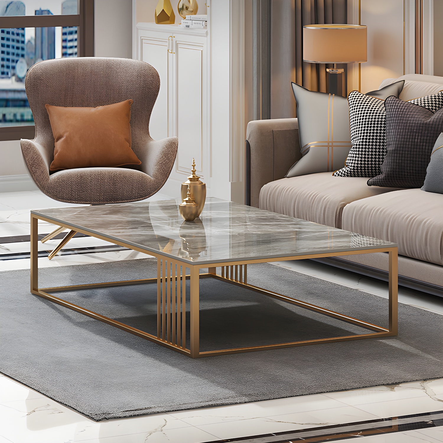Glam Style Gold Iron Frame Coffee Table Gray Slate Table Top Coffee