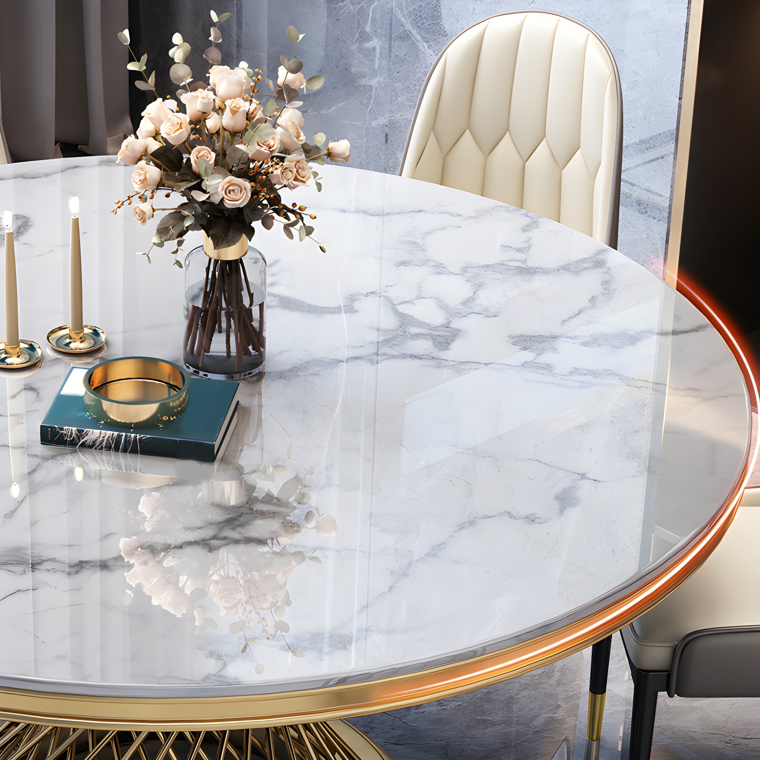Glam Round Marble Dining Set with Gold Metal Pedestal Base - Fixed Table in White - image 7